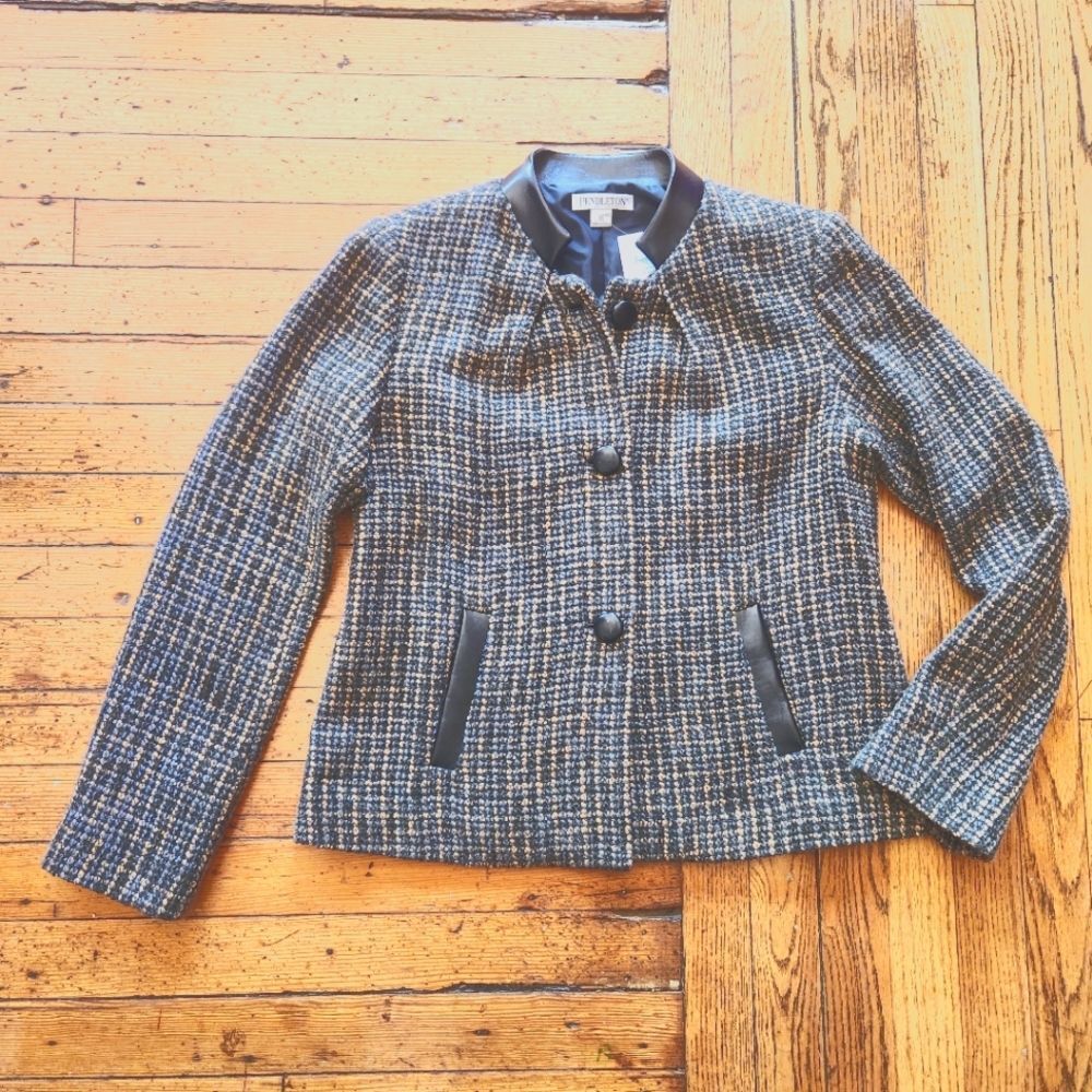 Pendleton Vintage Pleather Trim Tweed Blazer Jacket Green, Gold & Black Size 10